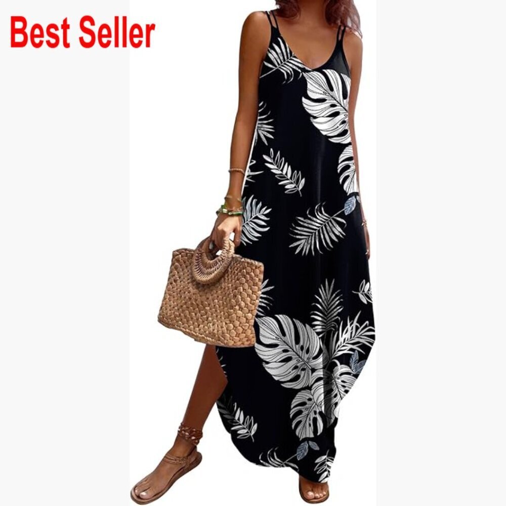 Polyester Spandex Maxi Sundress with V-Neck Sleeveless Pockets